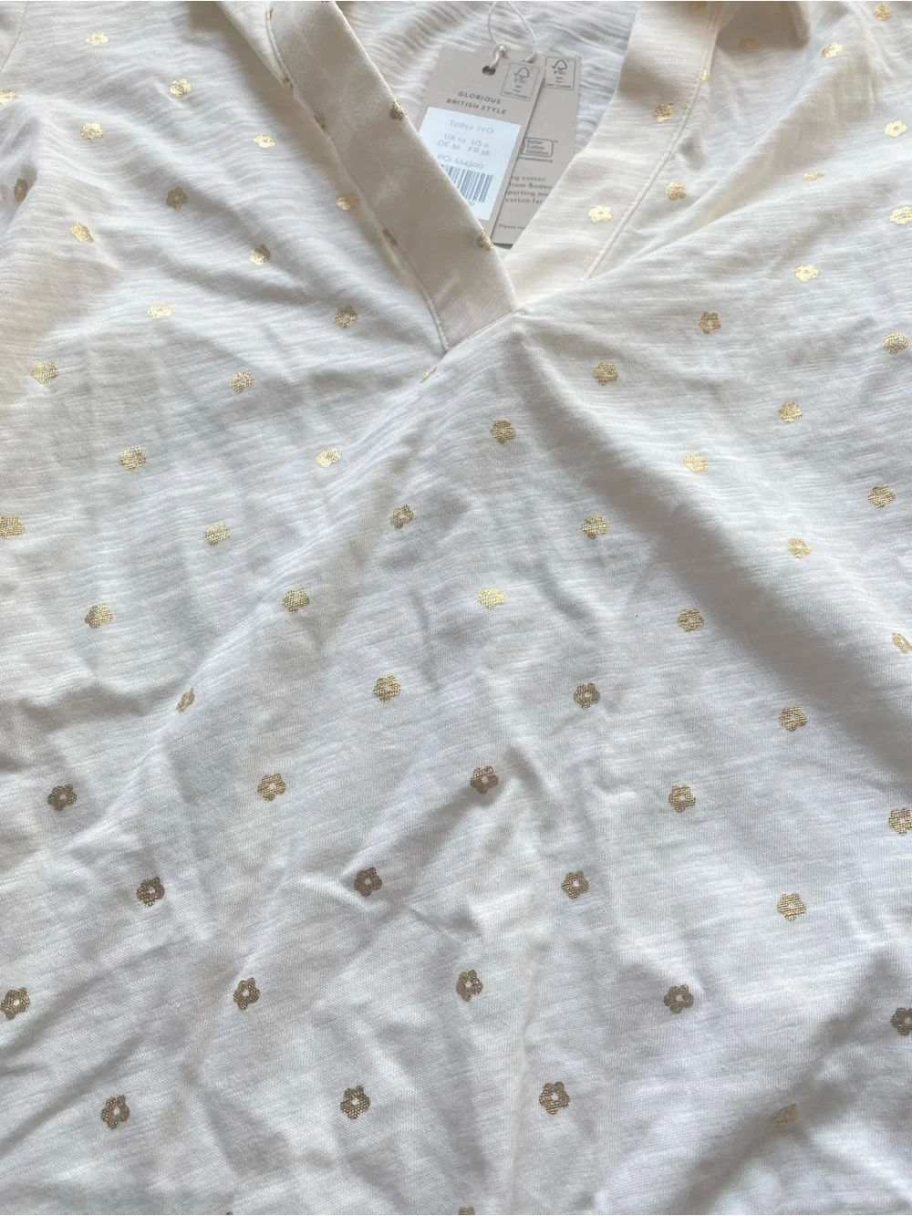 Boden 6 Collared Notch Neck Lightweight Cotton Blouse with Gold Polka Dots Med